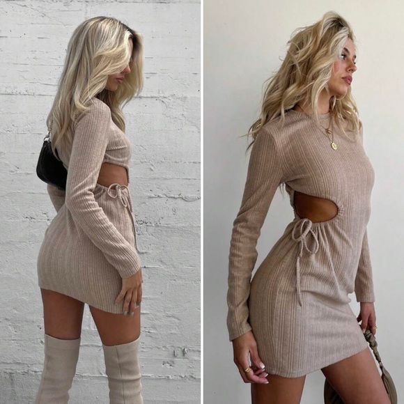 Ribbed Cutout Mini Sweater Dress in Khaki - Picture 3 of 4
